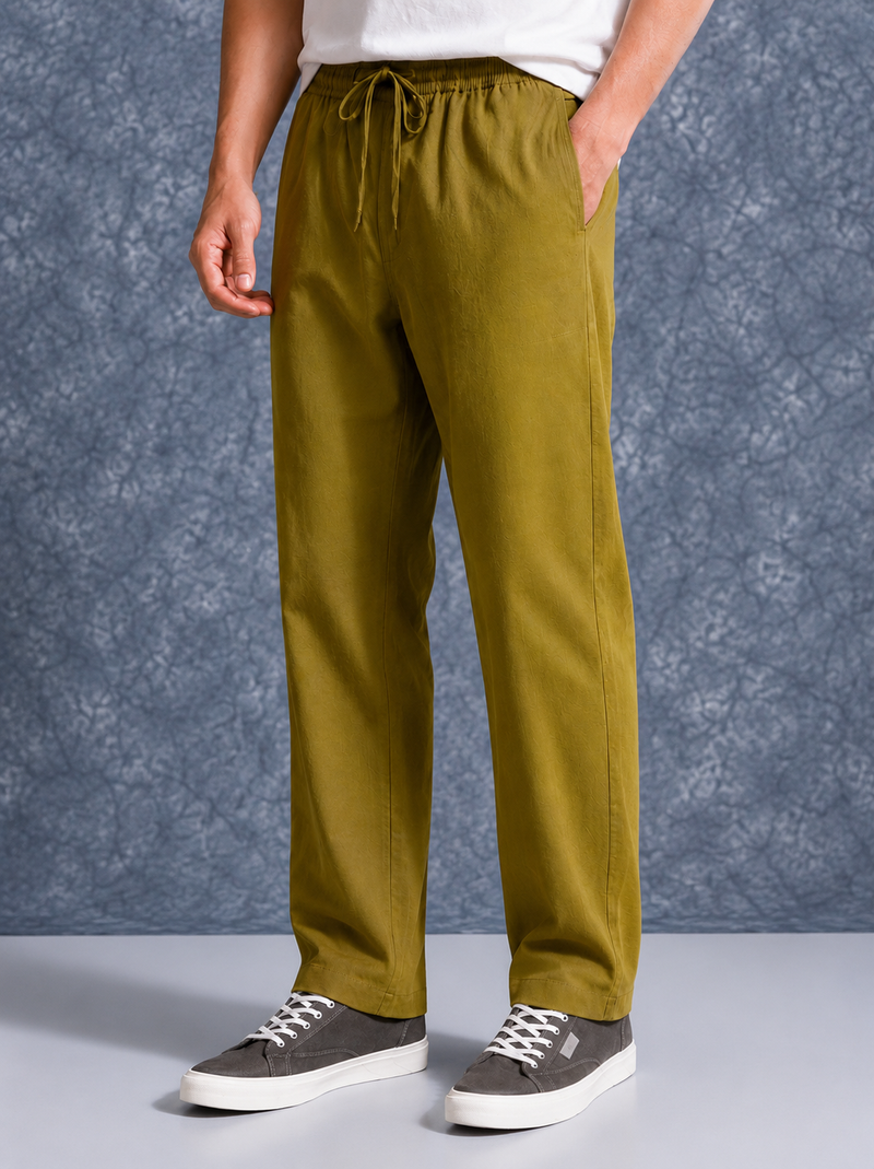 The Lifestyle Co Mehandi Green Linen Relaxed-Fit Regular Trouser