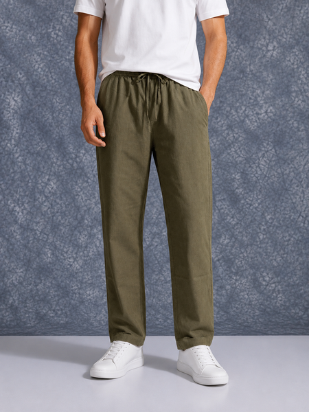The Lifestyle Co Coffee Brown Solid Linen Relaxed-Fit Trousers