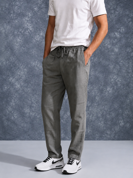 The Lifestyle Co Dark Grey Solid Linen Relaxed-Fit Trousers