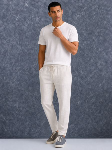 The Lifestyle Co White Solid Linen Relaxed-Fit Trousers