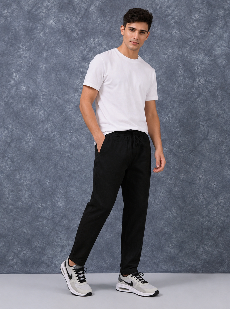 The Lifestyle Co Black Solid Linen Relaxed-Fit Trousers