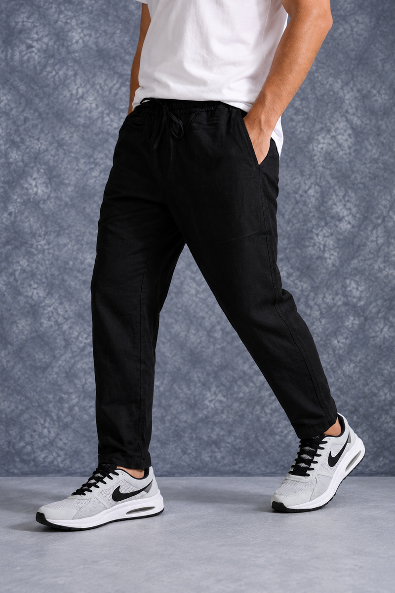 The Lifestyle Co Black Solid Linen Relaxed-Fit Trousers