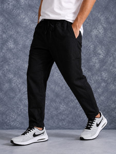 The Lifestyle Co Black Solid Linen Relaxed-Fit Trousers