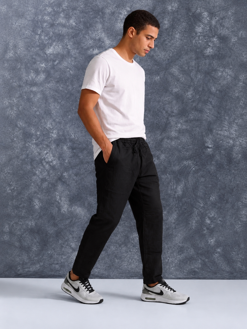 The Lifestyle Co Black Solid Linen Relaxed-Fit Trousers