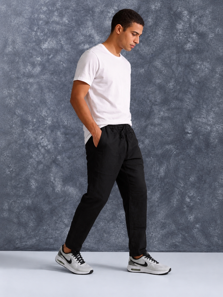 The Lifestyle Co Black Solid Linen Relaxed-Fit Trousers