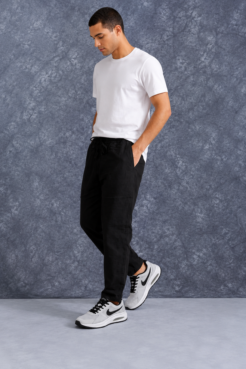 The Lifestyle Co Black Solid Linen Relaxed-Fit Trousers