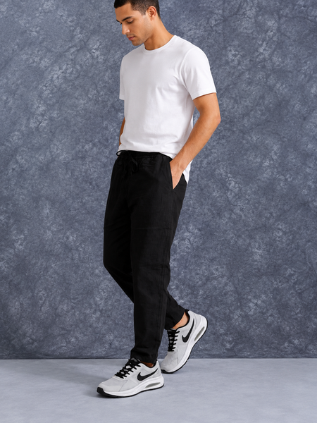 The Lifestyle Co Black Solid Linen Relaxed-Fit Trousers