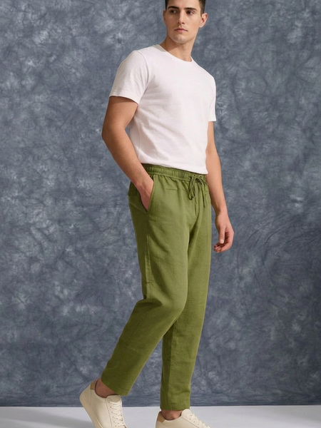 The Lifestyle Co Mint Green Solid Linen Relaxed-Fit Trousers