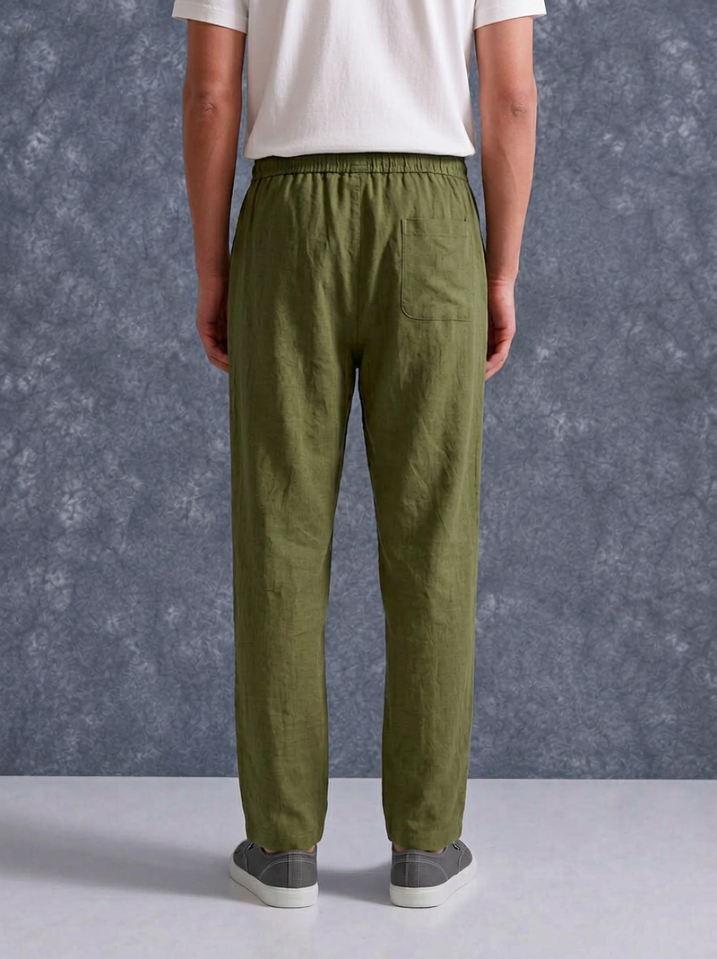 The Lifestyle Co Olive Solid Linen Relaxed-Fit Trousers