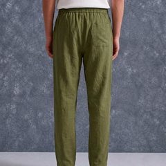 The Lifestyle Co Olive Solid Linen Relaxed-Fit Trousers