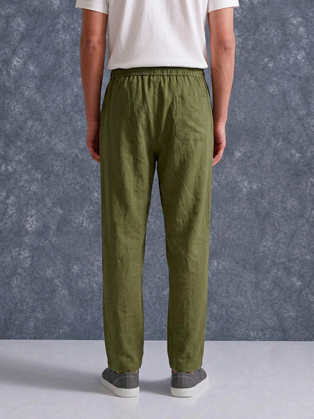 The Lifestyle Co Olive Solid Linen Relaxed-Fit Trousers