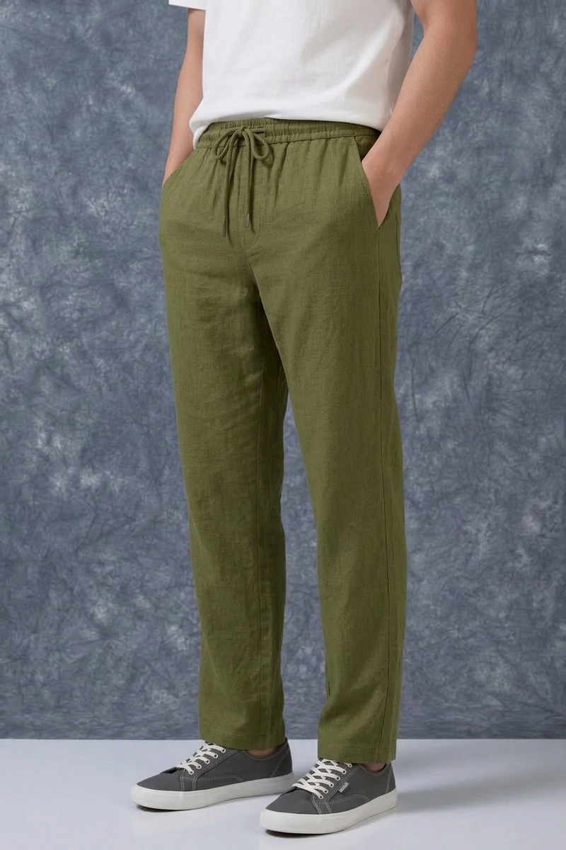 The Lifestyle Co Olive Solid Linen Relaxed-Fit Trousers