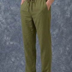The Lifestyle Co Olive Solid Linen Relaxed-Fit Trousers