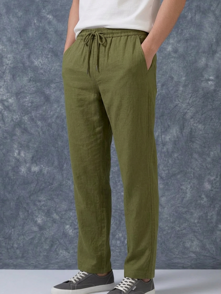The Lifestyle Co Olive Solid Linen Relaxed-Fit Trousers