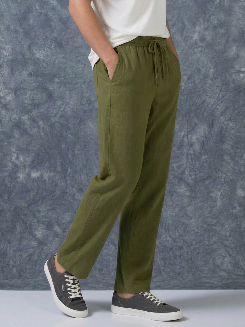 The Lifestyle Co Olive Solid Linen Relaxed-Fit Trousers