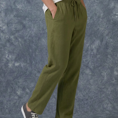 The Lifestyle Co Olive Solid Linen Relaxed-Fit Trousers