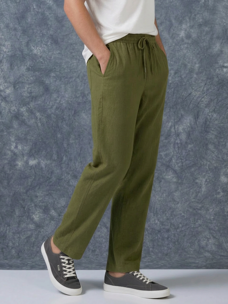 The Lifestyle Co Olive Solid Linen Relaxed-Fit Trousers