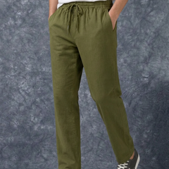 The Lifestyle Co Olive Solid Linen Relaxed-Fit Trousers