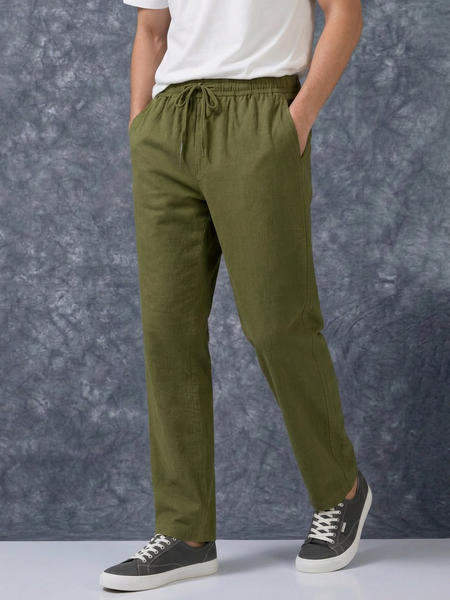 The Lifestyle Co Olive Solid Linen Relaxed-Fit Trousers