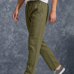 The Lifestyle Co Olive Solid Linen Relaxed-Fit Trousers