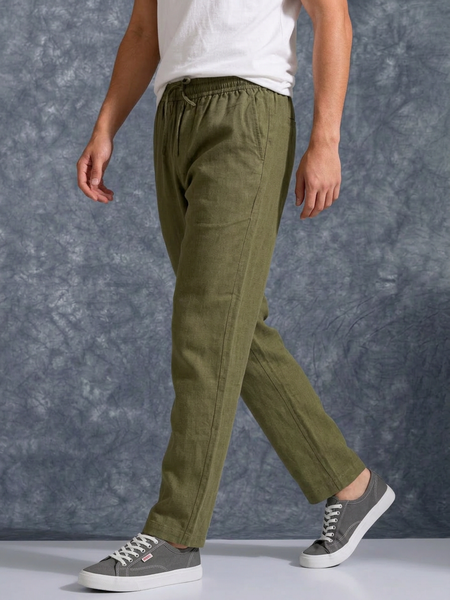 The Lifestyle Co Olive Solid Linen Relaxed-Fit Trousers