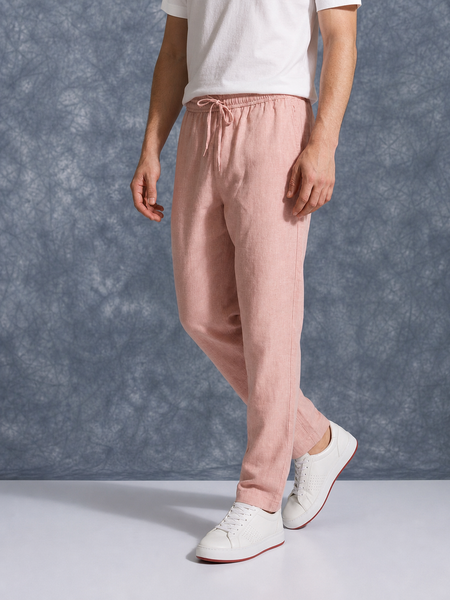 The Lifestyle Co Light Pink Solid Linen Relaxed-Fit Trousers