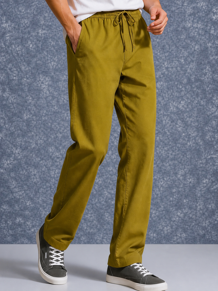 The Lifestyle Co Mehandi Green Linen Relaxed-Fit Regular Trouser