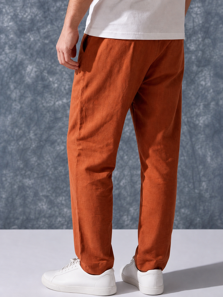 The Lifestyle Co Orange Solid Linen Relaxed-Fit Trousers