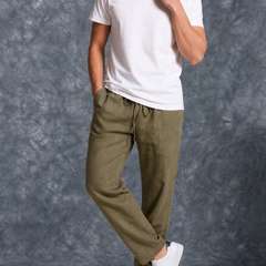 The Lifestyle Co Army Green Solid Linen Relaxed-Fit Trousers