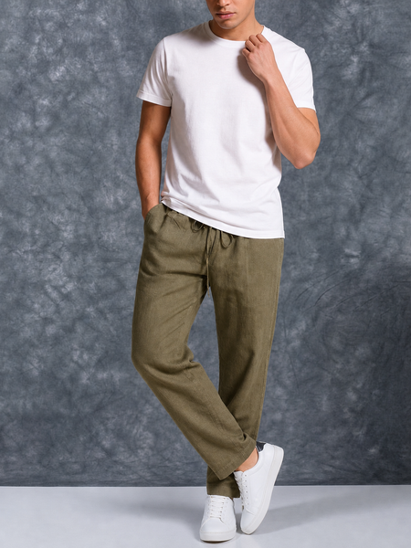 The Lifestyle Co Army Green Solid Linen Relaxed-Fit Trousers