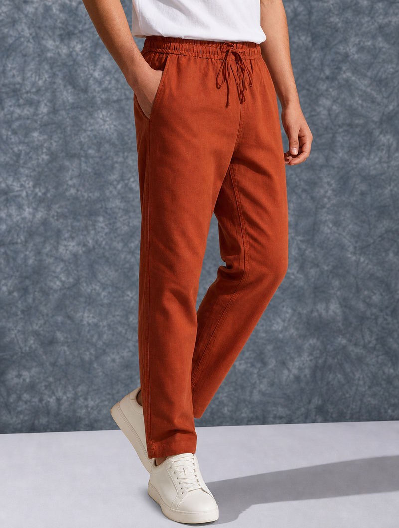The Lifestyle Co Orange Solid Linen Relaxed-Fit Trousers