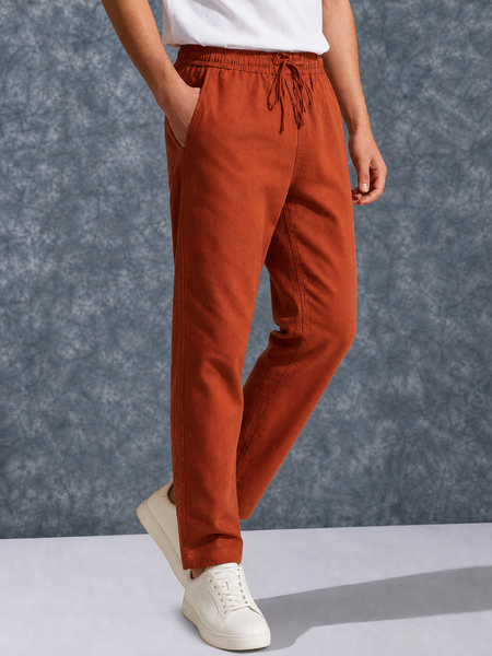 The Lifestyle Co Orange Solid Linen Relaxed-Fit Trousers