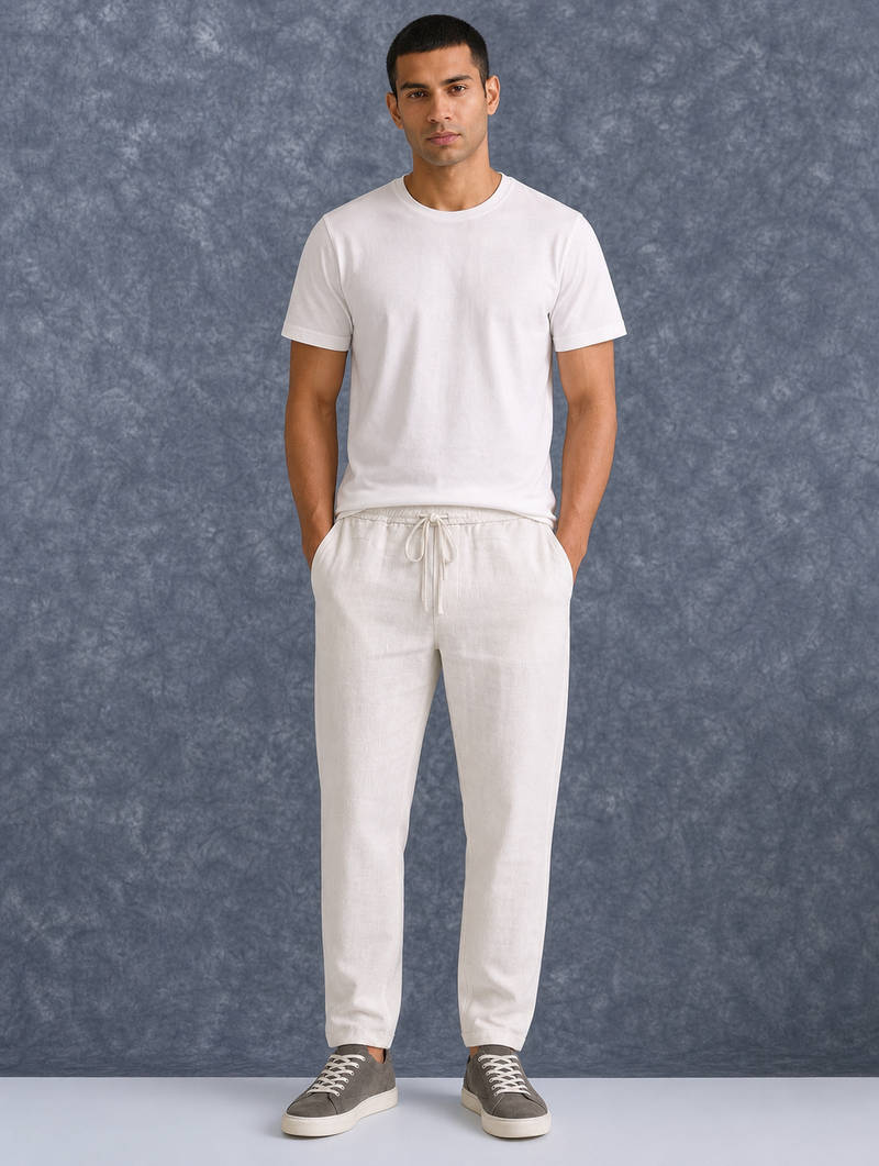 The Lifestyle Co White Solid Linen Relaxed-Fit Trousers