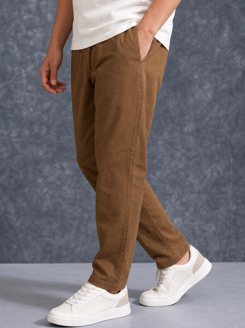 The Lifestyle Co Brown Solid Linen Relaxed-Fit Trousers