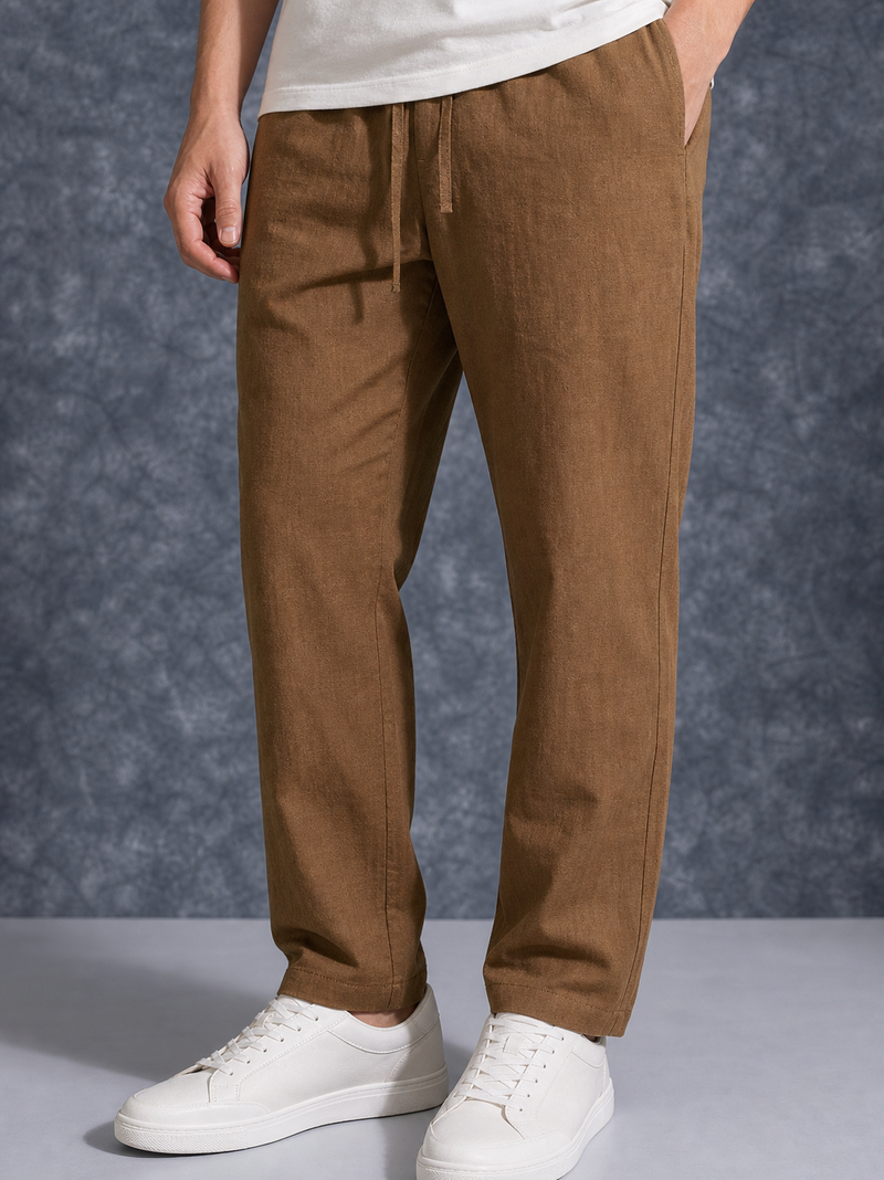 The Lifestyle Co Brown Solid Linen Relaxed-Fit Trousers