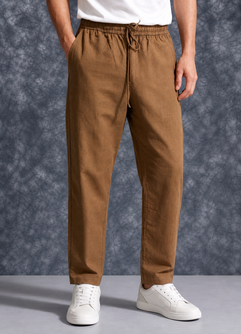 The Lifestyle Co Brown Solid Linen Relaxed-Fit Trousers
