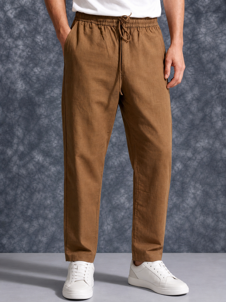 The Lifestyle Co Brown Solid Linen Relaxed-Fit Trousers