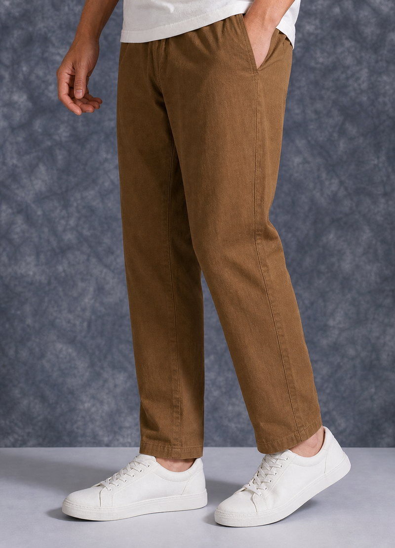 The Lifestyle Co Brown Solid Linen Relaxed-Fit Trousers