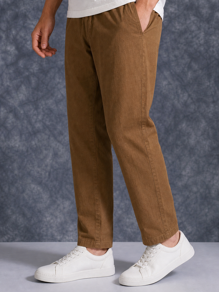 The Lifestyle Co Brown Solid Linen Relaxed-Fit Trousers