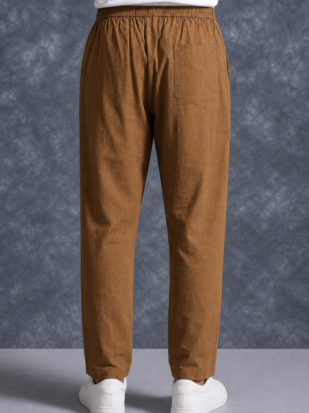 The Lifestyle Co Brown Solid Linen Relaxed-Fit Trousers
