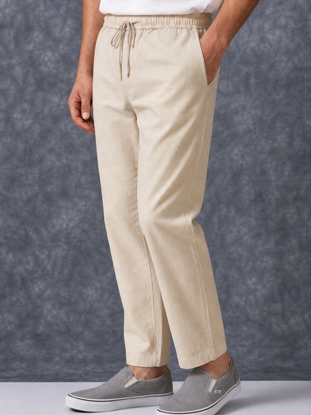 The Lifestyle Co Off White Solid Linen Relaxed-Fit Trousers