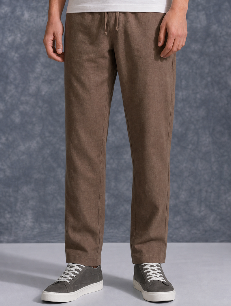 The Lifestyle Co Light Coffee Solid Linen Relaxed-Fit Trousers