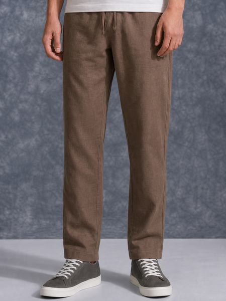 The Lifestyle Co Light Coffee Solid Linen Relaxed-Fit Trousers