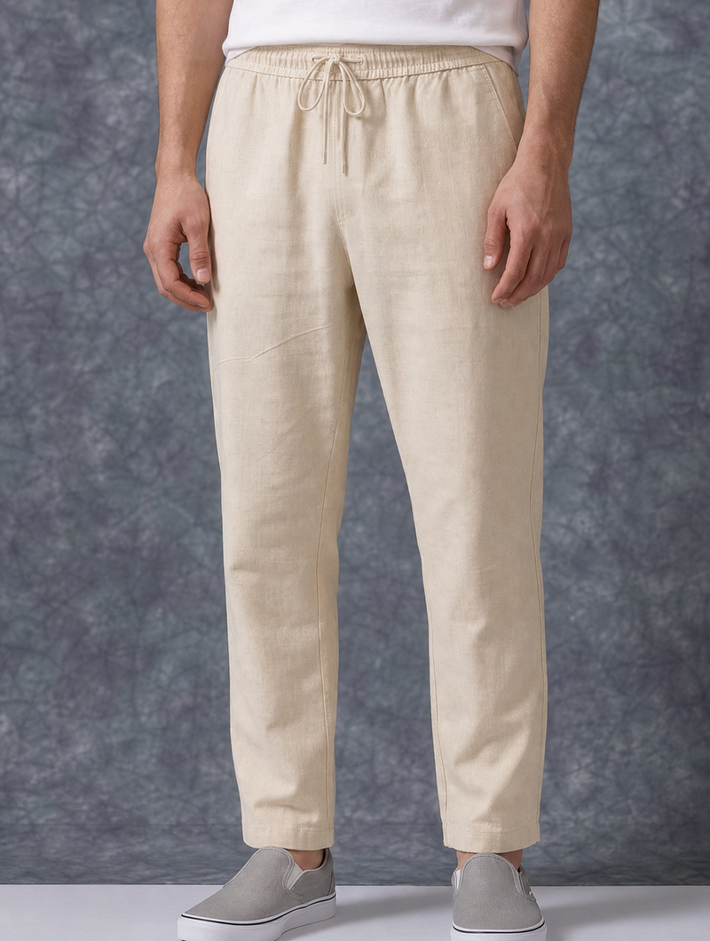 The Lifestyle Co Off White Solid Linen Relaxed-Fit Trousers