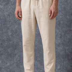 The Lifestyle Co Off White Solid Linen Relaxed-Fit Trousers
