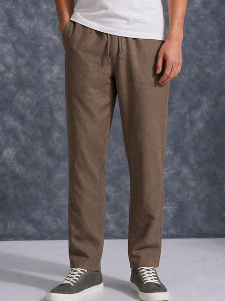 The Lifestyle Co Light Coffee Solid Linen Relaxed-Fit Trousers
