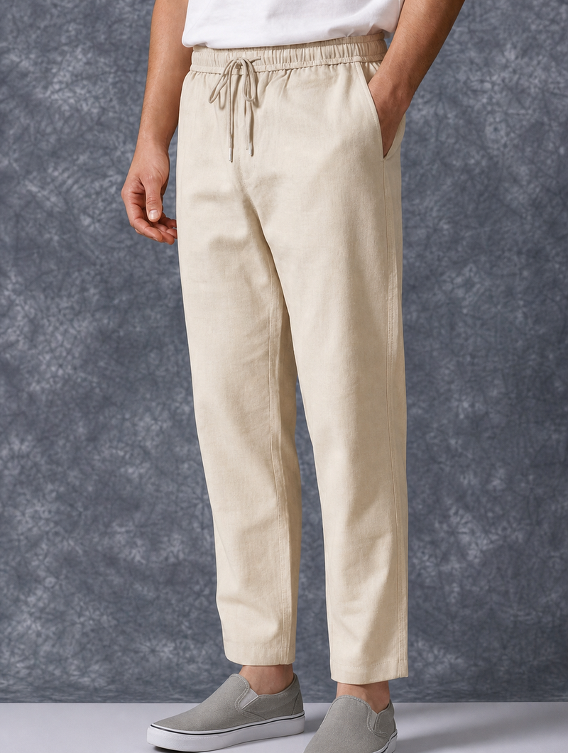 The Lifestyle Co Off White Solid Linen Relaxed-Fit Trousers