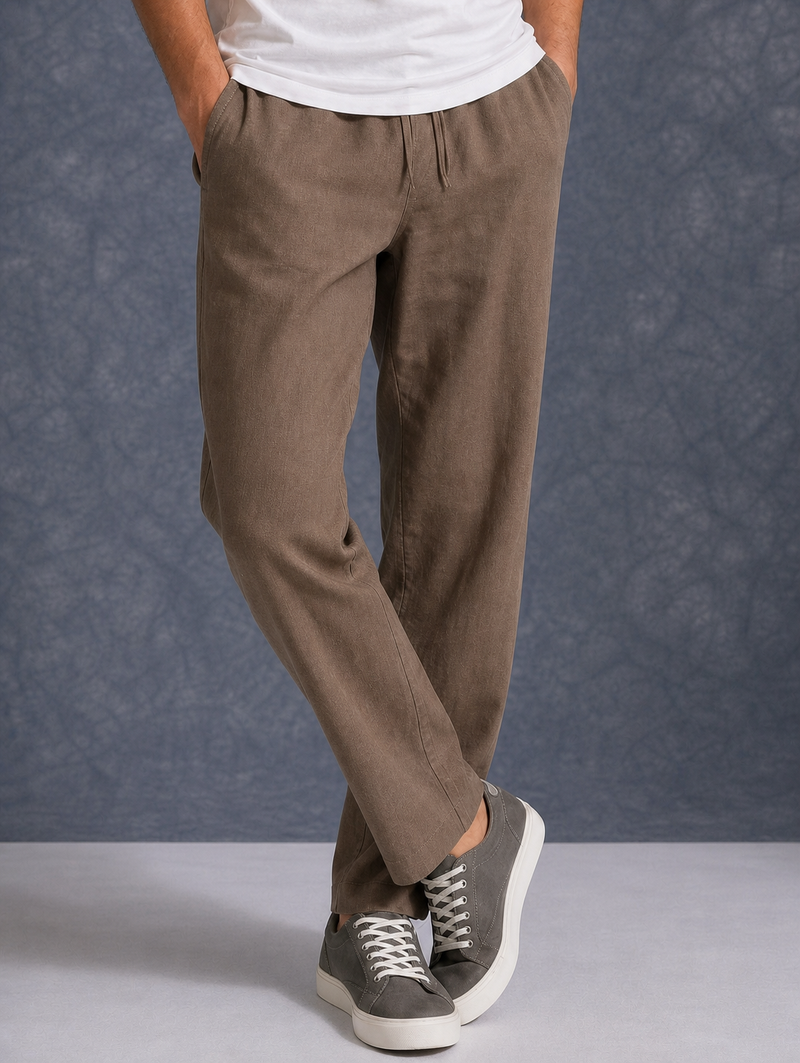 The Lifestyle Co Light Coffee Solid Linen Relaxed-Fit Trousers