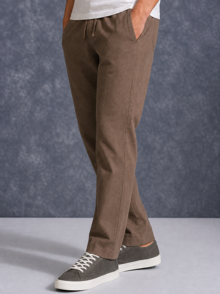The Lifestyle Co Light Coffee Solid Linen Relaxed-Fit Trousers