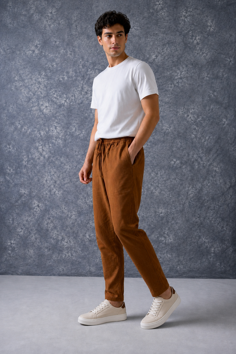 The Lifestyle Co Chocolate Brown Solid Linen Relaxed-Fit Trousers